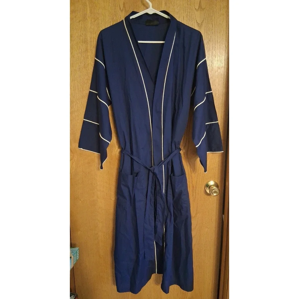 VTG Rabhor Men's Robe Navy Blue with White Piping Accent One Size Cotton/Poly